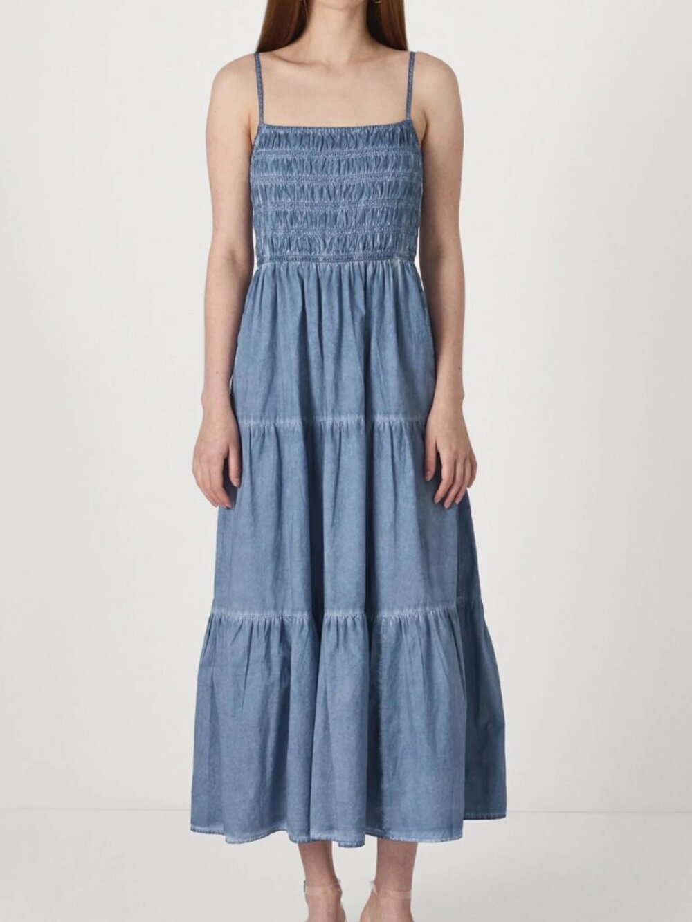 Chambray midi sundress with rouching and pockets
